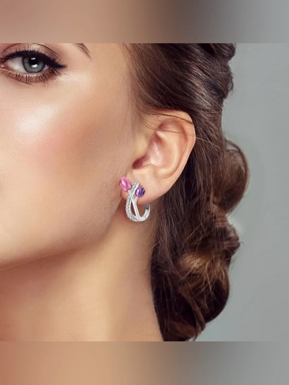 Sterling Silver Stamped 925  Pink & Purple Tulip Hoop Earrings -